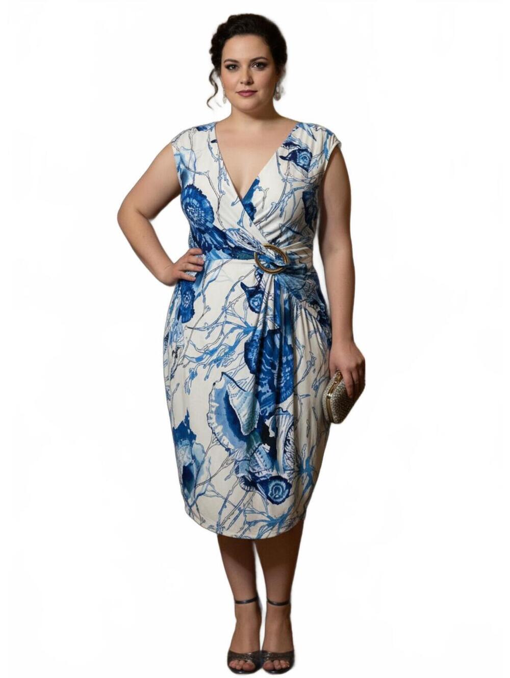 Boston Proper Blue White Floral Wrap Dress Buckle Detail